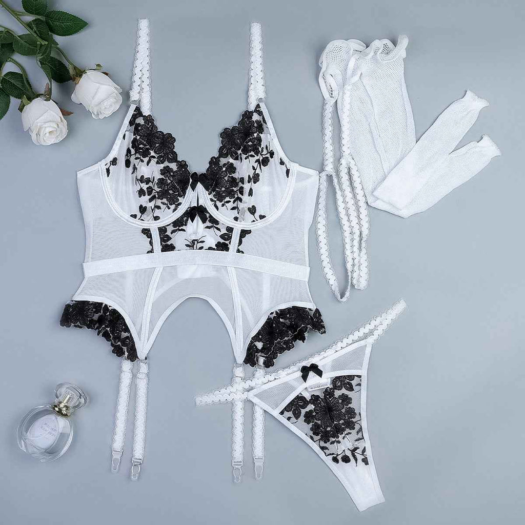 Embroidered Flower Black And White Stitching thigh suspenders Lingerie Set