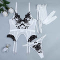 Embroidered Flower Black And White Stitching thigh suspenders Lingerie Set