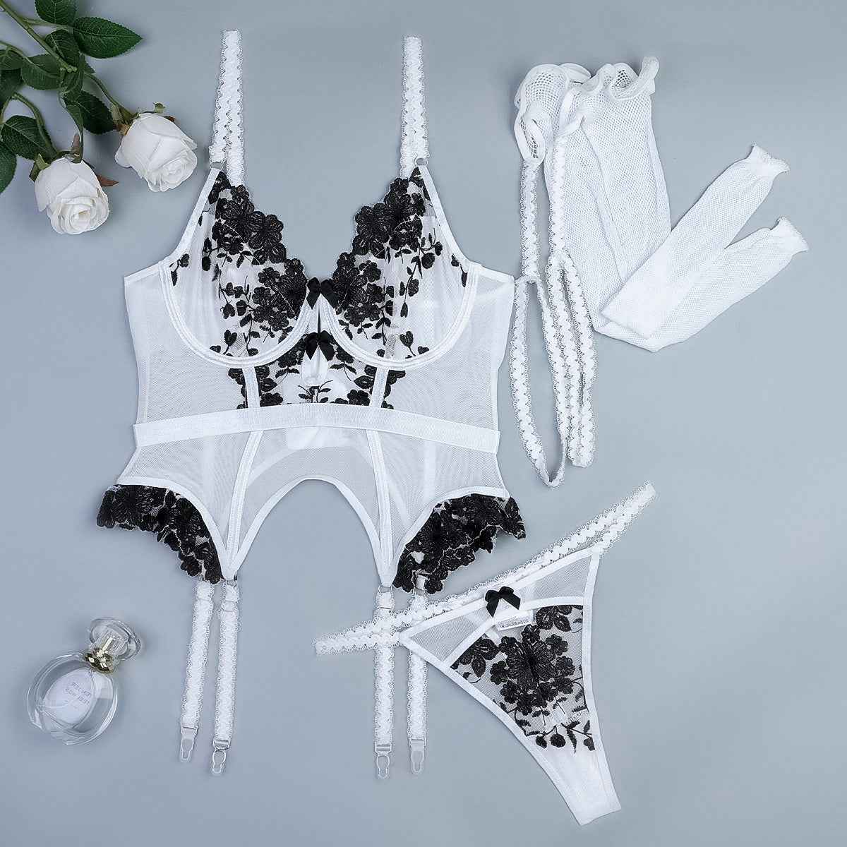 Embroidered Flower Black And White Stitching thigh suspenders Lingerie Set
