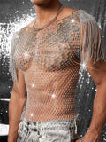 Grid Rhinestone Fishnet T-shirt See-through Nightclub shirt