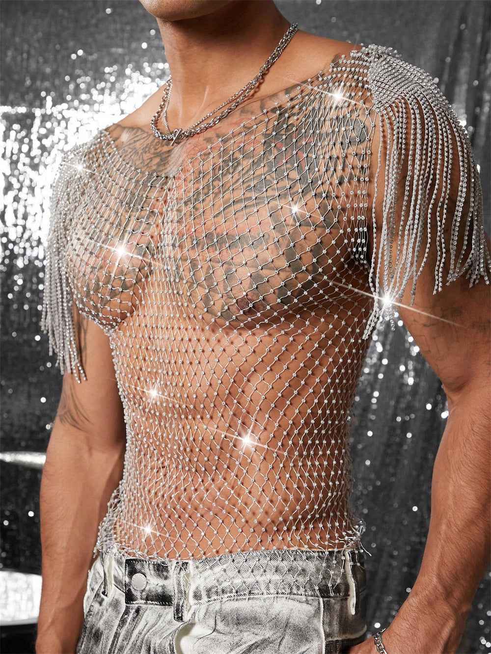 Grid Rhinestone Fishnet T-shirt See-through Nightclub shirt