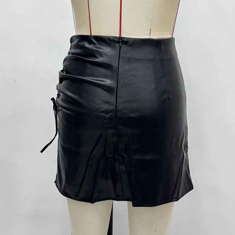 Women's Faux Leather Mini Skirt, Side Slit Ruched Drawstring Bodycon