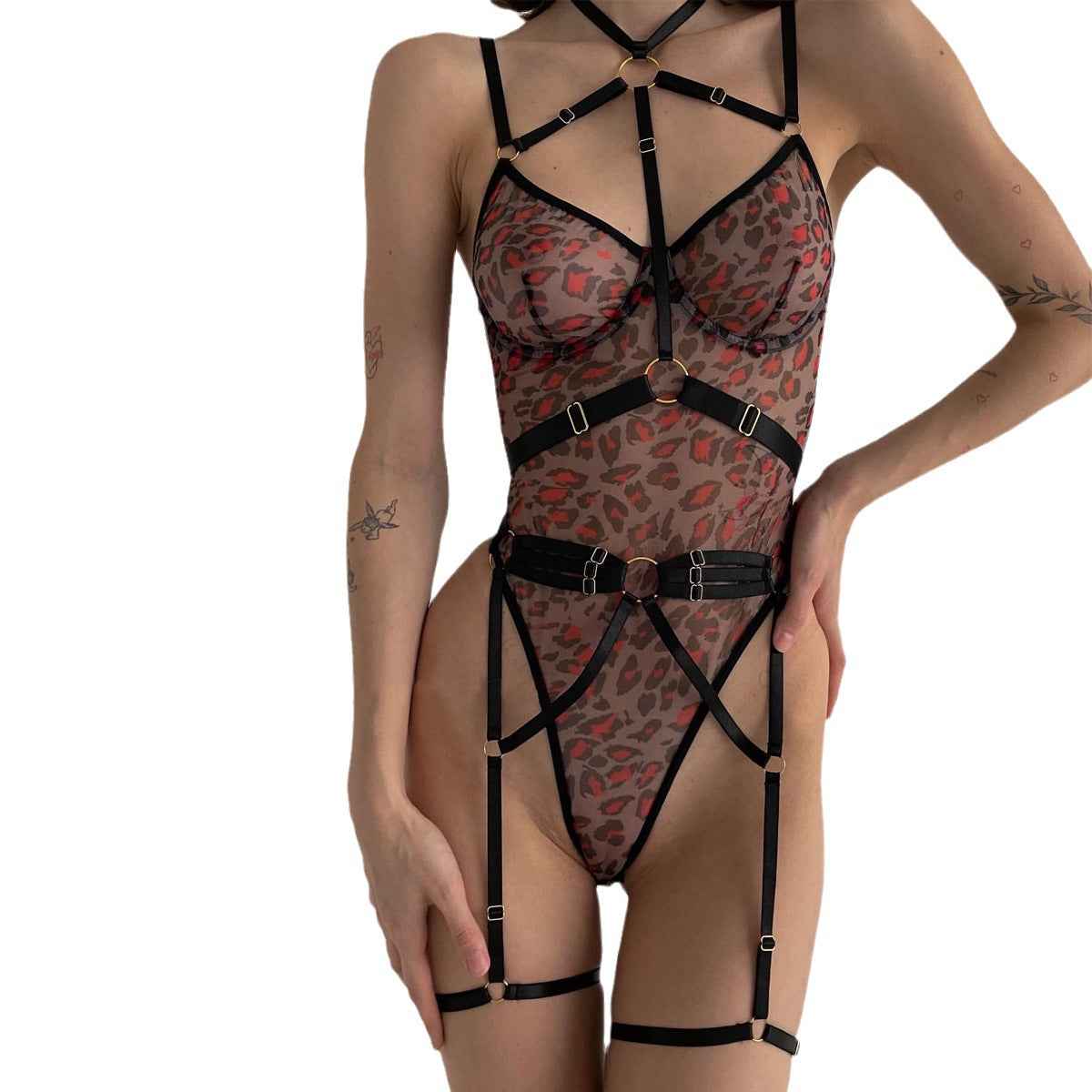 Leopard Print Sheer thigh suspenders Lingerie With Steel Ring