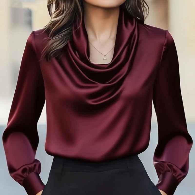 Women's Elegant Draped Neck Blouse, Solid Color Ruffle Detail Long Sleeve Shirt