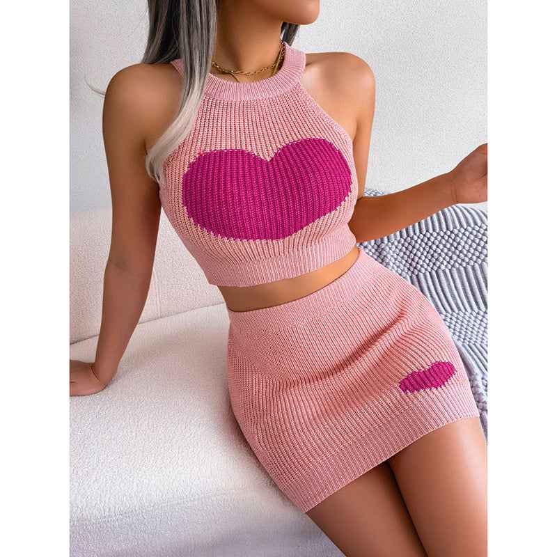 Women's 2 Piece Heart Knit Outfits Backless Halter Crop Tops & Mini Bodycon Skirt