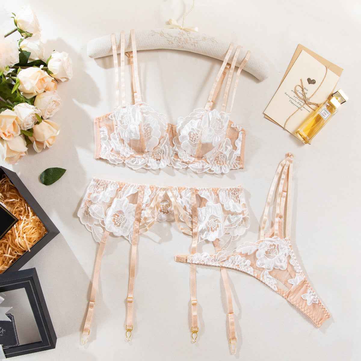 Flower Embroidery Thin Bra Lingerie Three-piece Set with thigh suspenders