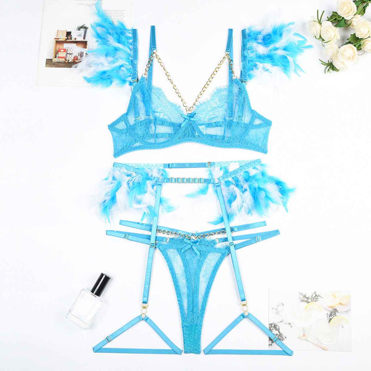 Christma Feather and Chains Lace Sexy Lingerie Set