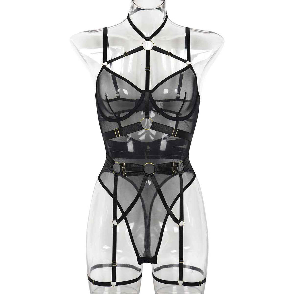 Leopard Print Sheer thigh suspenders Lingerie With Steel Ring