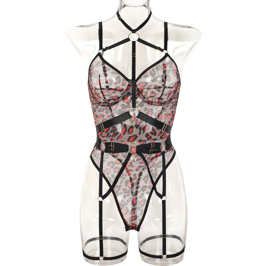 Leopard Print Sheer thigh suspenders Lingerie With Steel Ring