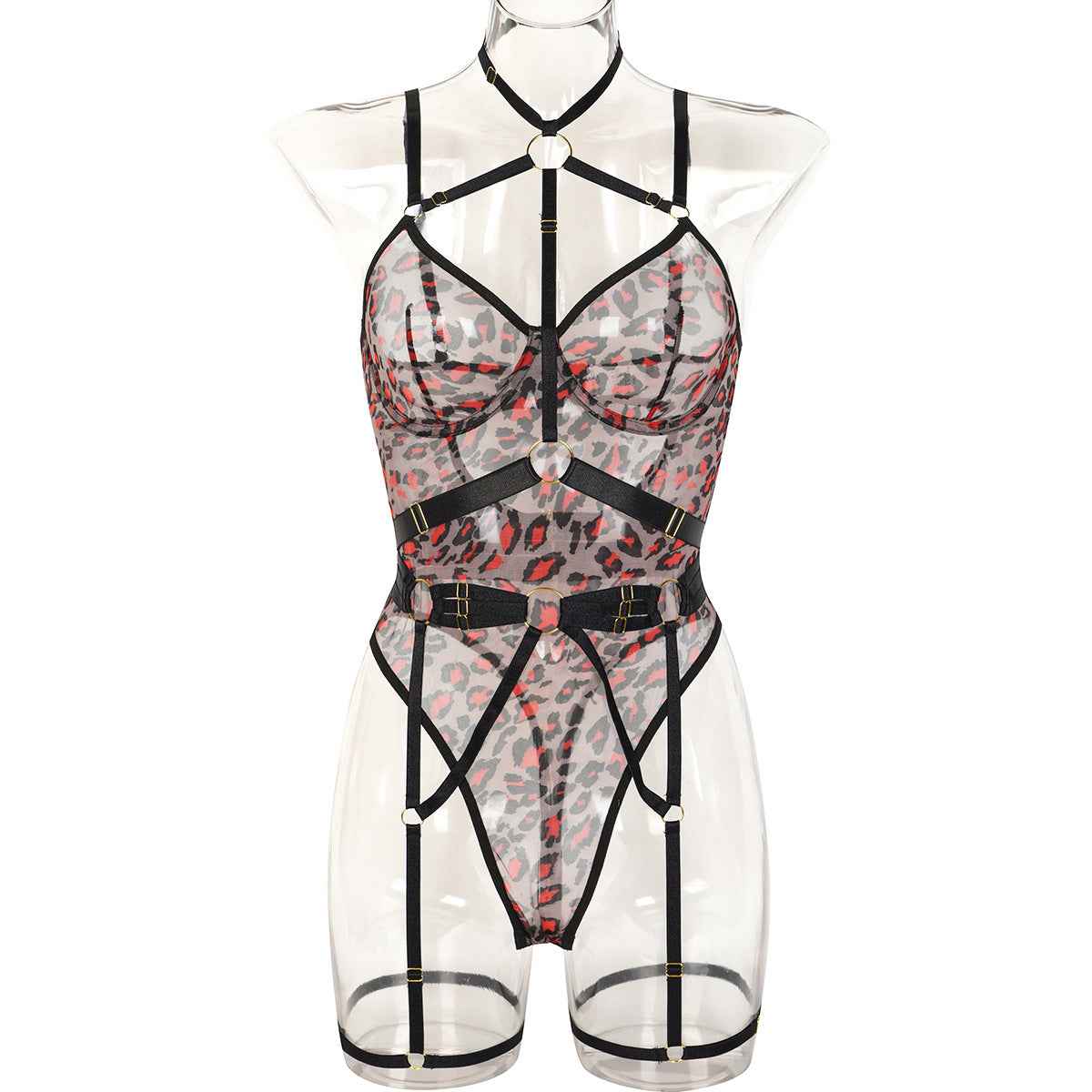 Leopard Print Sheer thigh suspenders Lingerie With Steel Ring