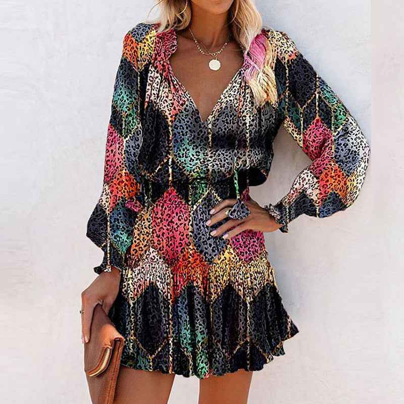 Women's Bohemian Print V-Neck Long Sleeve Dress - Flowy Beach Dress