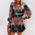 Women's Bohemian Print V-Neck Long Sleeve Dress - Flowy Beach Dress