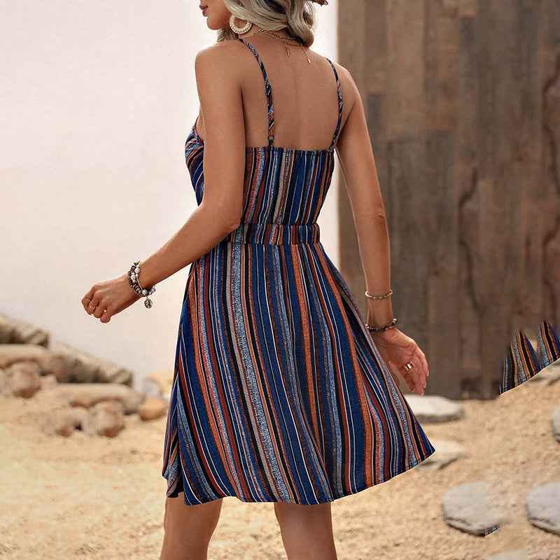 Women's  V Neck Spaghetti Strap Striped Dress