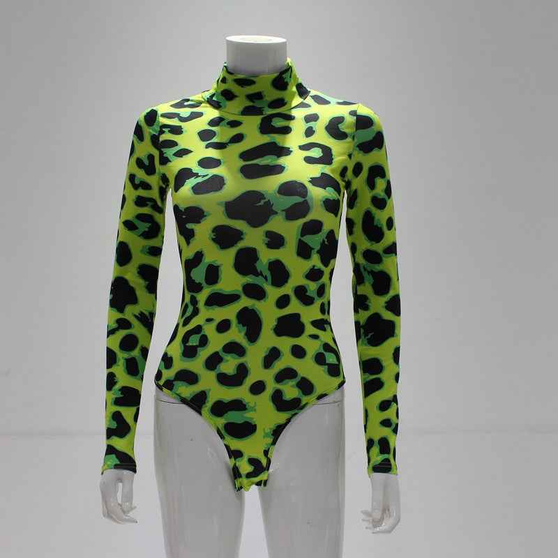 Women's High Collar Long-sleeved Leopard Print Bodysuits