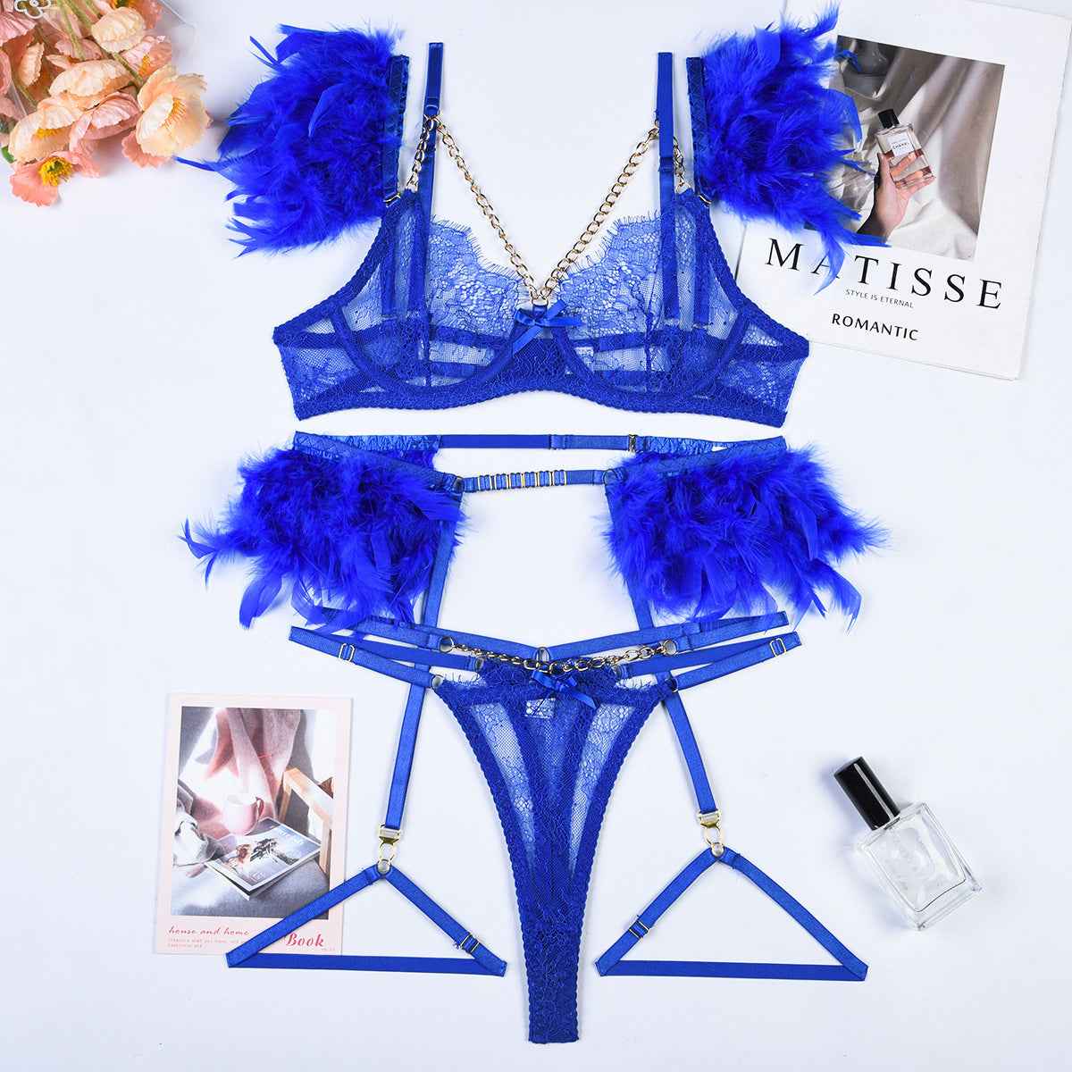 Christma Feather and Chains Lace Sexy Lingerie Set