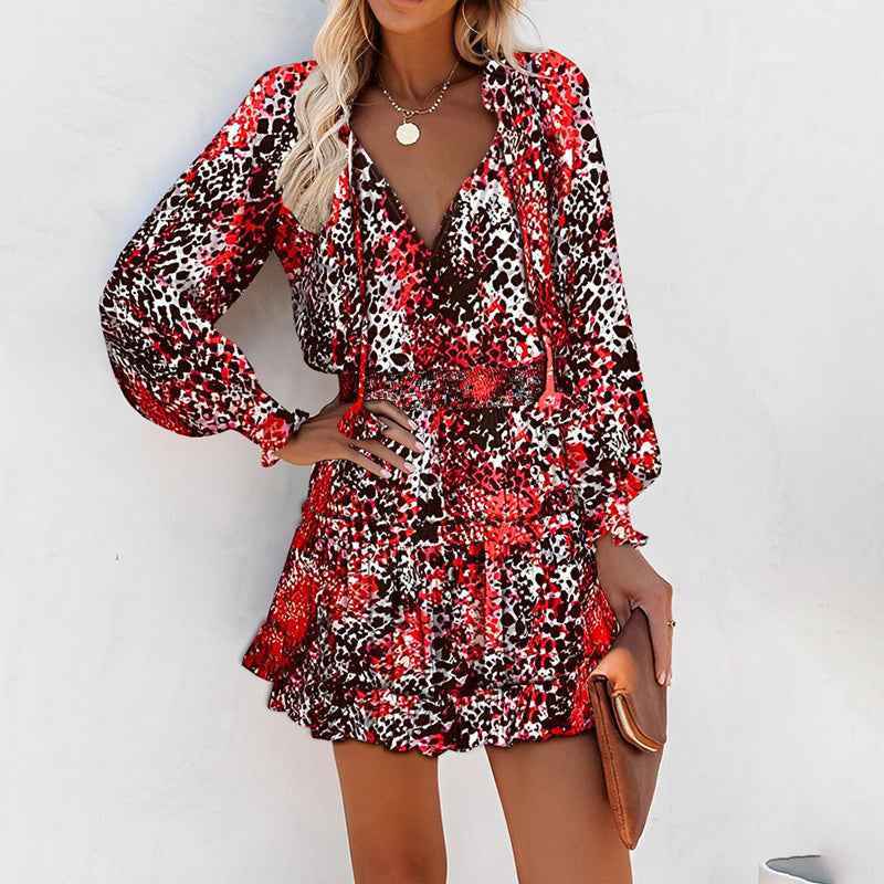 Women's Bohemian Print V-Neck Long Sleeve Dress - Flowy Beach Dress